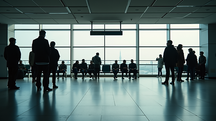 Eye-level view of a modern transit station with people waiting for their rides