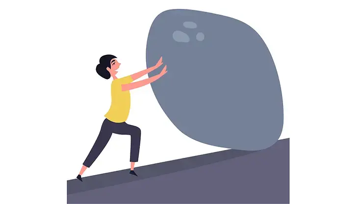 Illustration of a person pushing a large boulder uphill