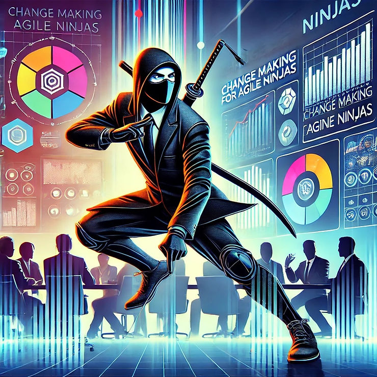 Change Making Agile Ninjas illustration with a ninja, charts, and a collaborating team