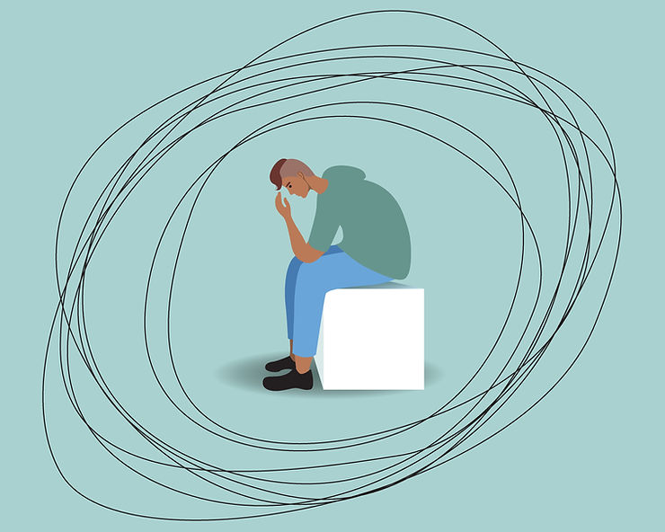 Illustration of a seated person surrounded by tangled lines, representing emotional distress